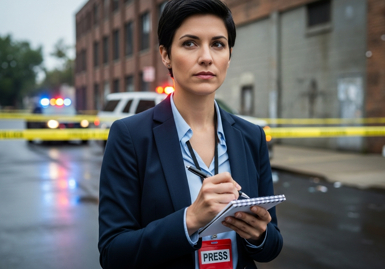 Crime reporter conducting interview with press credentials