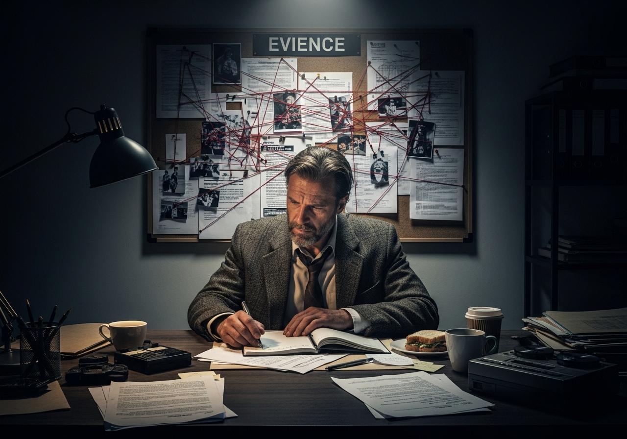 Detective workspace with case files and evidence board